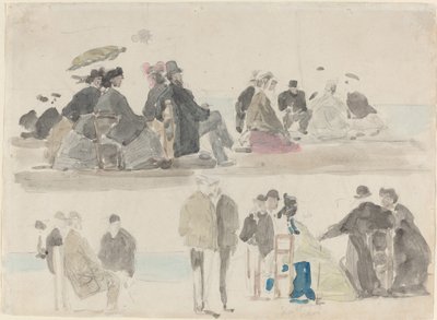 Damen und Herren am Strand, in zwei Registern, ca. 1865 von Eugene Louis Boudin