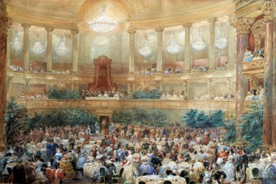 Dinner von Napoleon III. für Königin Victoria im Opernsaal von Versailles am 25. August von Eugene Louis Lami