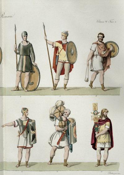 Römische Soldaten, (Detail) aus Tafel 2, Klasse 5 von Teil I der Geschichte der Nationen von Eugenio Bosa