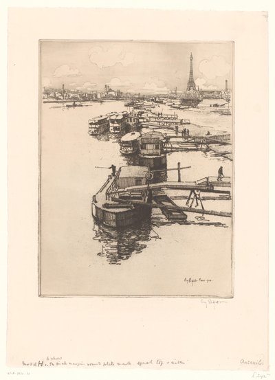 Kai mit Omnibusbooten in Paris mit dem Eiffelturm im Hintergrund von Eugène Bejot (signed by artist)