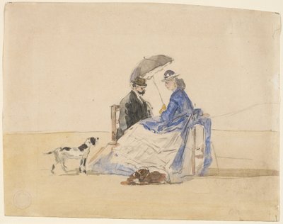 Ein Paar sitzt am Strand mit zwei Hunden von Eugène Boudin