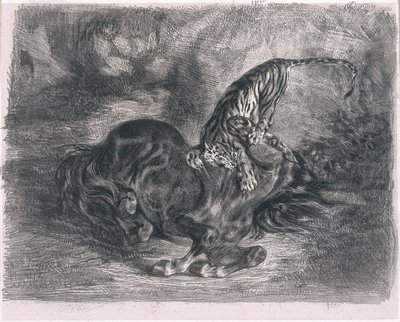 Wilder Hengst von einem Tiger niedergestreckt von Ferdinand Victor Eugene Delacroix