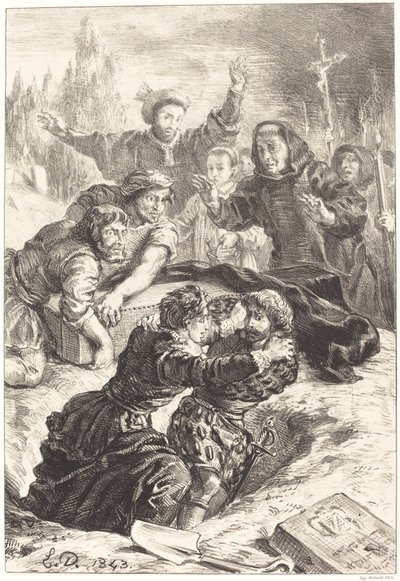 Hamlet und Laertes im Grab von Ophelia (Akt V, Szene I) von Eugène Delacroix