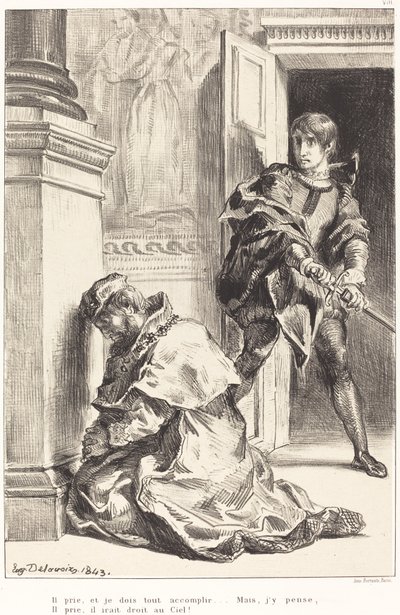 Hamlet wird versucht, den König zu töten, Akt III, Szene III, 1834-1843 von Eugène Delacroix