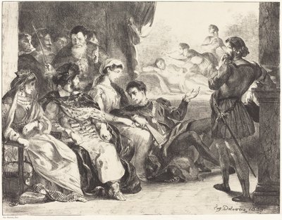 Spieler stellen die Vergiftung von Hamlets Vater dar, Akt III, Szene II, 1835 von Eugène Delacroix