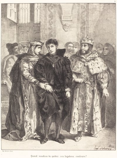 Die Königin versucht Hamlet zu trösten, Akt I, Szene II von Eugène Delacroix