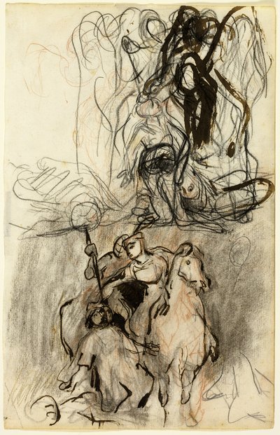 Zwei Skizzen; Bewaffnete Reiter und Figur auf dem Boden von Eugène Delacroix