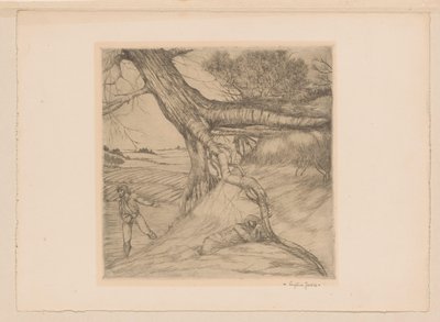 Sämann und liegende Figur mit gefalteten Händen in einer Landschaft von Eugène Joors (signed by artist)