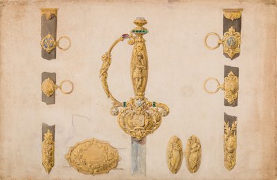 Entwurf für ein Schwertgriff, Scheide und Gürtelbeschläge, ca. 1840-50 von Eugène Julienne.