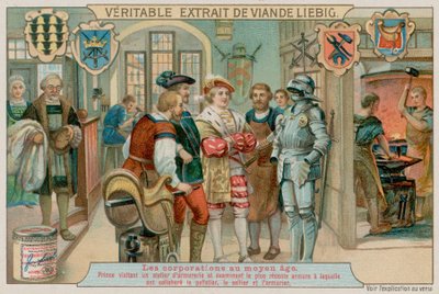 Ein Prinz besucht die Werkstatt eines Rüstungsmachers, um die Arbeit eines Kürschners, eines Sattlers und eines Rüstungsmachers zu inspizieren von European School