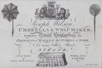 Werbung für Joseph Wilson, Schirm- und Peitschenmacher, London von European School