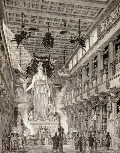 Künstlerische Darstellung der Statue der Göttin Athena im Parthenon, Athen, während der klassischen Periode, aus 