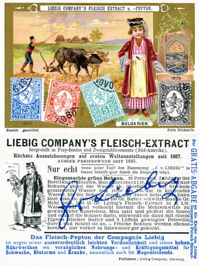 Bulgarische Briefmarken, Vorder- und Rückseite einer Liebig-Werbekarte, 1897 von European School