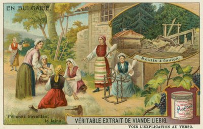 Bulgarische Frauen spinnen Wolle und eine Walkmühle von European School