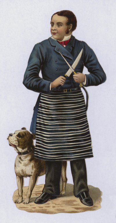 Metzger, der ein Messer schärft, mit Hund von European School