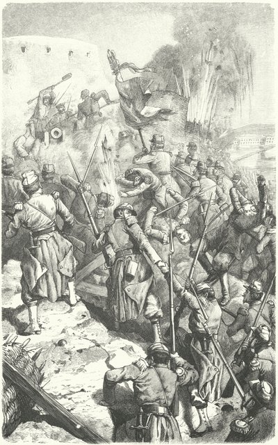 Eroberung des Malakoff-Redoubts während der Belagerung von Sewastopol, 8. September 1855 (Stich) von European School
