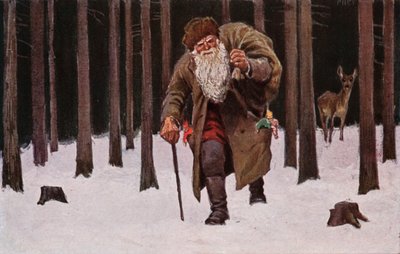 Weihnachtskarte, Weihnachtsmann stapft durch den Schnee mit Geschenkesack, Hirsch im Hintergrund von European School