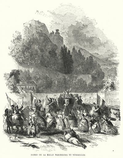 Damen der Halle auf dem Weg nach Versailles (Gravur) von European School
