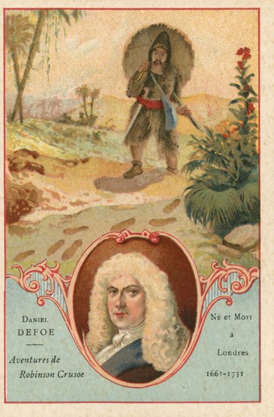 Daniel Defoe, englischer Romanautor, und eine Szene aus Robinson Crusoe von European School