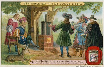 Denis Papin führt Versuche mit seiner Kolbendampfmaschine vor seinen Freunden durch, Marburg, Deutschland, 1690 von European School