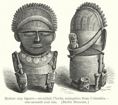 Hohle Tonfiguren, sogenannte Chicha-Antiquitäten aus Kolumbien (Gravur) von European School