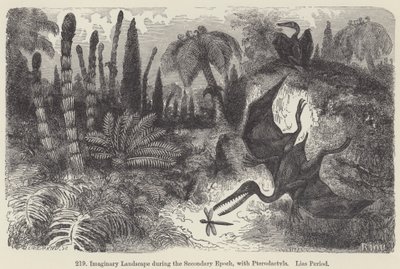 Imaginäre Landschaft während der Sekundärzeit, mit Pterodaktylen, Lias-Periode von European School