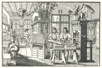 Innenansicht einer Buchdruckerwerkstatt, ca. 1676 (Stich) von European School