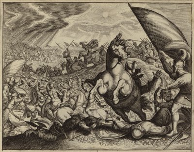 Israeliten besiegen die Amoriter-Armee, nachdem Josua Sonne und Mond befohlen hat, stillzustehen (Stich) von European School