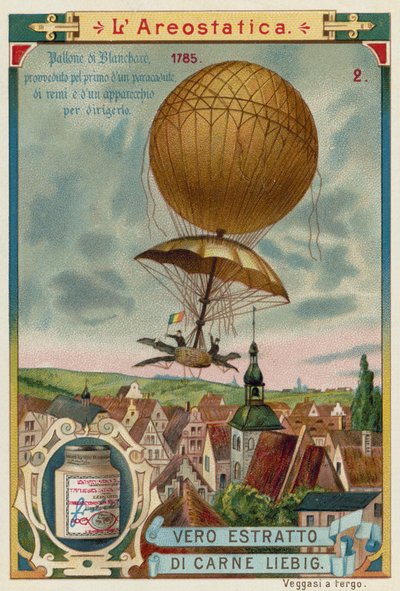 Jean-Pierre Blanchard macht den ersten Abstieg von einem Ballon mit einem Fallschirm, 1785 von European School