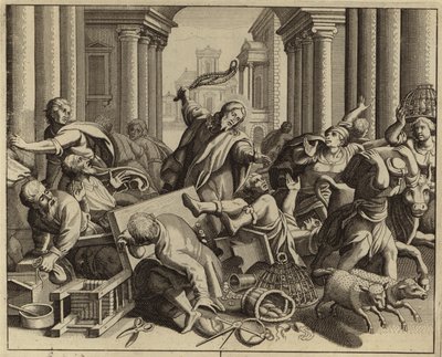 Jesus Christus vertreibt die Geldwechsler aus dem Tempel (Gravur) von European School