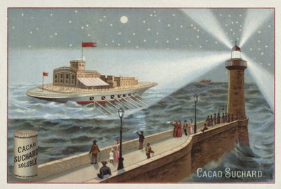 Großes Schiff mit Rudern beleuchtet von einem Leuchtturm von European School