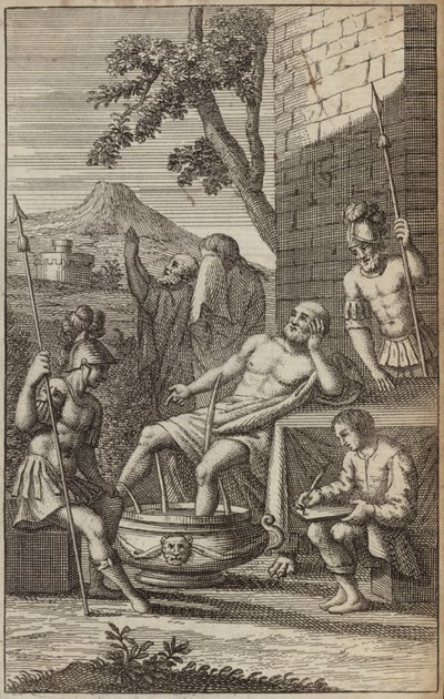 Mann beim Baden und Nachdenken, möglicherweise Archimedes? (Stich) von European School
