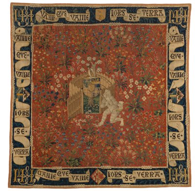 Mille fleurs Wandteppich, der Grün, Wappen und einen wilden Mann darstellt, ca. 1500 (Wolle) von European School