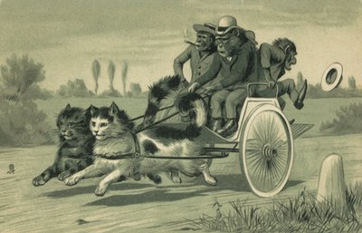 Affen fahren eine Kutsche, die von zwei Katzen gezogen wird von European School