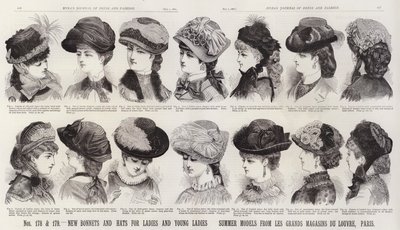 Neue Hüte und Hauben für Damen und junge Damen; Sommermodelle aus Les Grands Magasins Du Louvre, Paris von European School