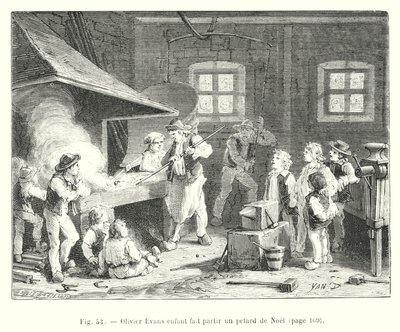 Olivier Evans als Kind zündet einen Weihnachtsknaller (Stich) von European School