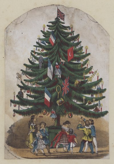 Menschen unter einem Weihnachtsbaum, Grußkarte von European School