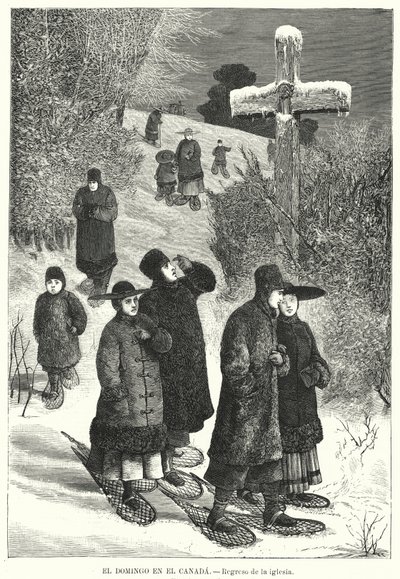 Menschen mit Schneeschuhen kehren am Sonntag von der Kirche zurück, Kanada von European School