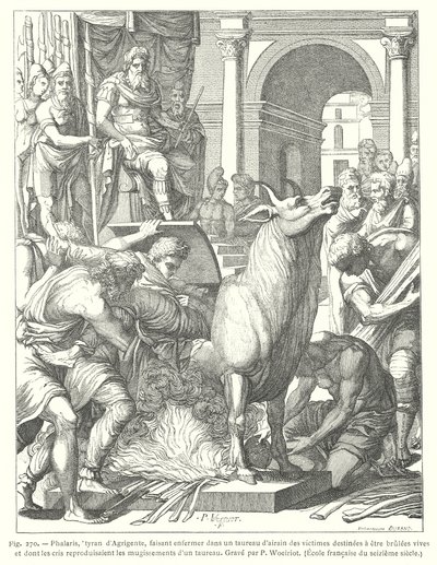 Der bronzene Stier: Folter- und Hinrichtungsinstrument durch Feuer, verwendet vom antiken griechischen Tyrannen Phalaris von Akragas (Agrigent), Sizilien von European School