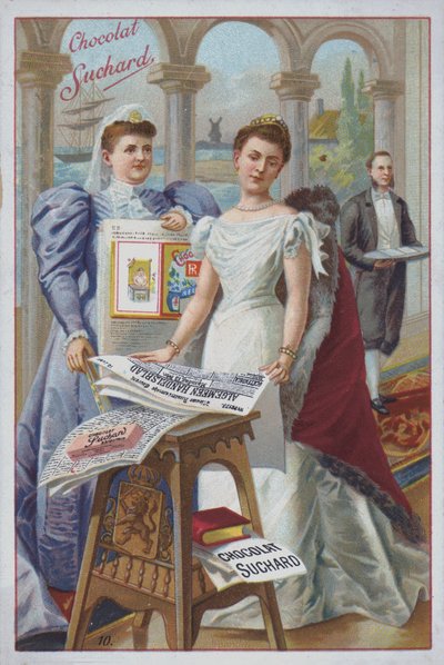 Frau mit einer Zeitung, Werbung für Suchard Schokolade von European School