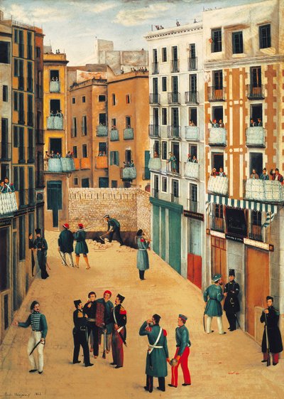 Mitglieder der Truppen revoltieren gegen die Regierung von Espartero und sprechen mit den Mitgliedern des Batallo de la Brusa (Blusenbataillon) in der Straße de la Bajada de la Llibreteria in Barcelona von Eusebio Valldeperas y Merich