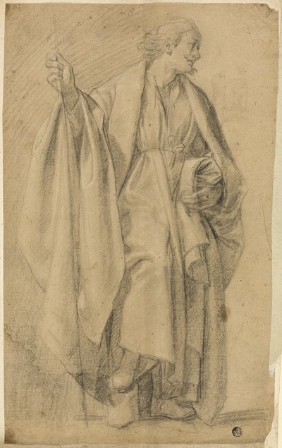 Stehende, drapierte männliche Figur, die einen Stab hält von Eustache Le Sueur