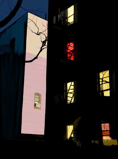 Bunte Fenster von Wohngebäuden bei Nacht von Evan Sklar