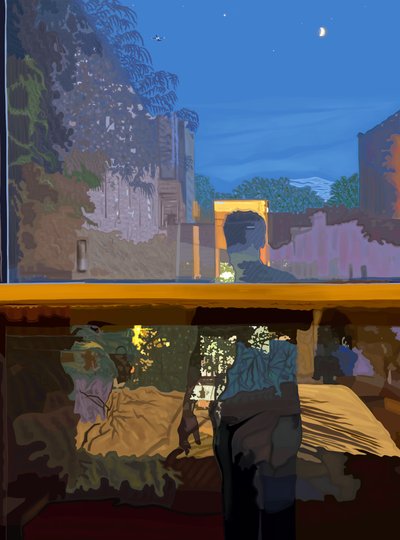 Mann im Schlafzimmerfenster bei Nacht reflektiert von Evan Sklar
