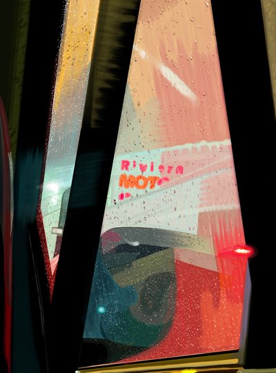Rivera Motel Schild vom Auto aus bei regnerischer Nacht gesehen von Evan Sklar