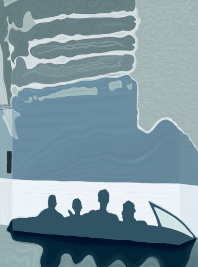 Schatten von Auto und Passagieren auf Hotelfassade von Evan Sklar