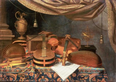 Eine Gitarre, ein Cello, Lauten, eine Partitur und andere Bücher und ein Armillarsphäre auf einem drapierten Tisch von Evaristo Baschenis