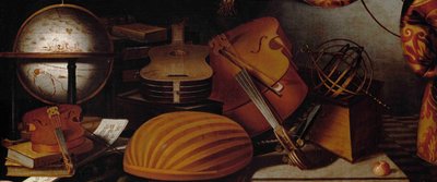 Stillleben mit Musikinstrumenten, Globus und Armillarsphäre (Detail) von Evaristo Baschenis