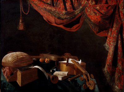 Stillleben mit Musikinstrumenten und Büchern von Evarista Baschenis von Evaristo Baschenis
