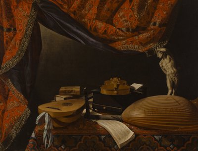 Stillleben mit Musikinstrumenten, Büchern und Skulptur, ca. 1650 von Evaristo Baschenis